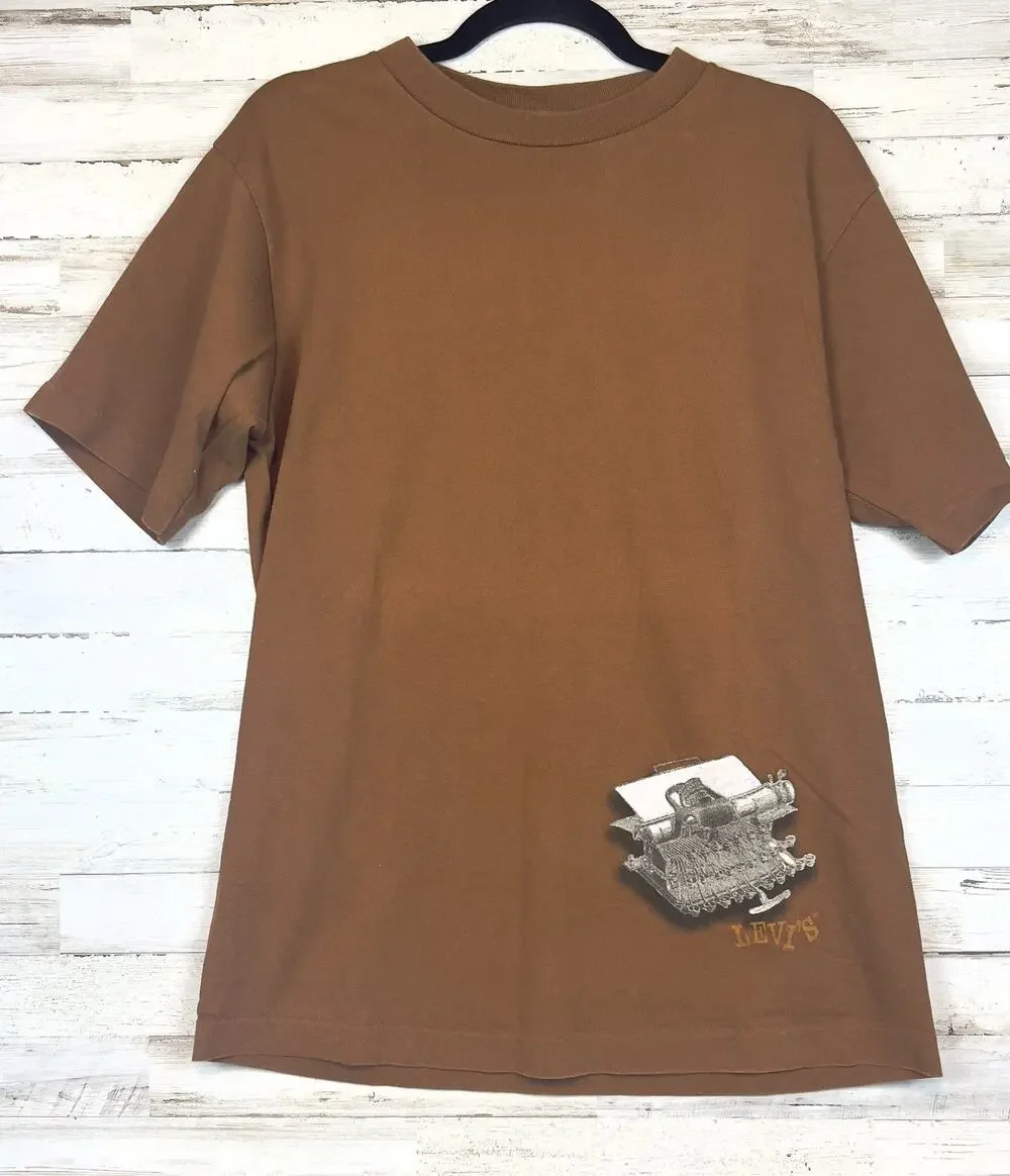Vintage Levis Single Stitch Graphic T-Shirt XL Made in USA 1996 Typewriter Brown